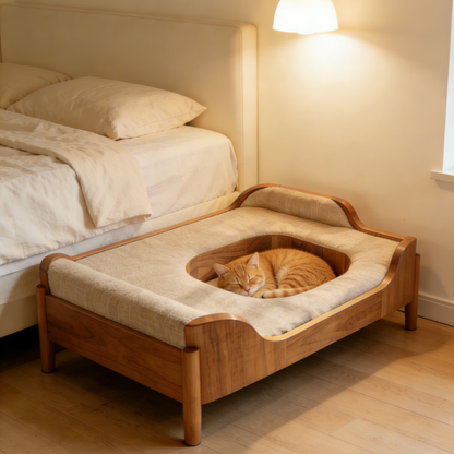 Hohlrahmen-Haustierbett – Beiges Leinen-Katzenbett mit zentraler Nische für kleine Katzen