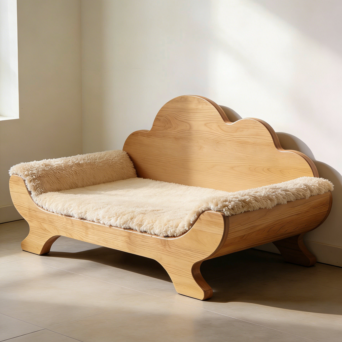 Großes Haustiersofa mit Wolkenlehne – Massivholz-Hundebett mit flauschigem Pelzkissen für mittelgroße und große Hunde
