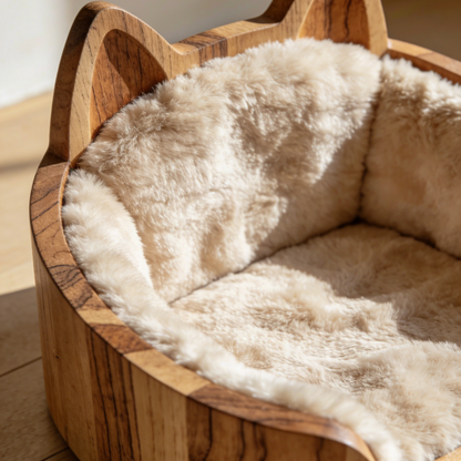 Haustierbett mit Katzenohren-Holzrahmen – Naturholz-Katzenbett mit Pelzbezug für Kätzchen und kleine Katzen
