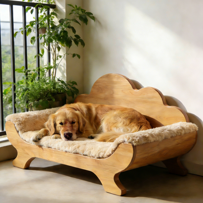 Großes Haustiersofa mit Wolkenlehne – Massivholz-Hundebett mit flauschigem Pelzkissen für mittelgroße und große Hunde