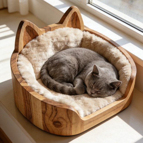 Haustierbett mit Katzenohren-Holzrahmen – Naturholz-Katzenbett mit Pelzbezug für Kätzchen und kleine Katzen
