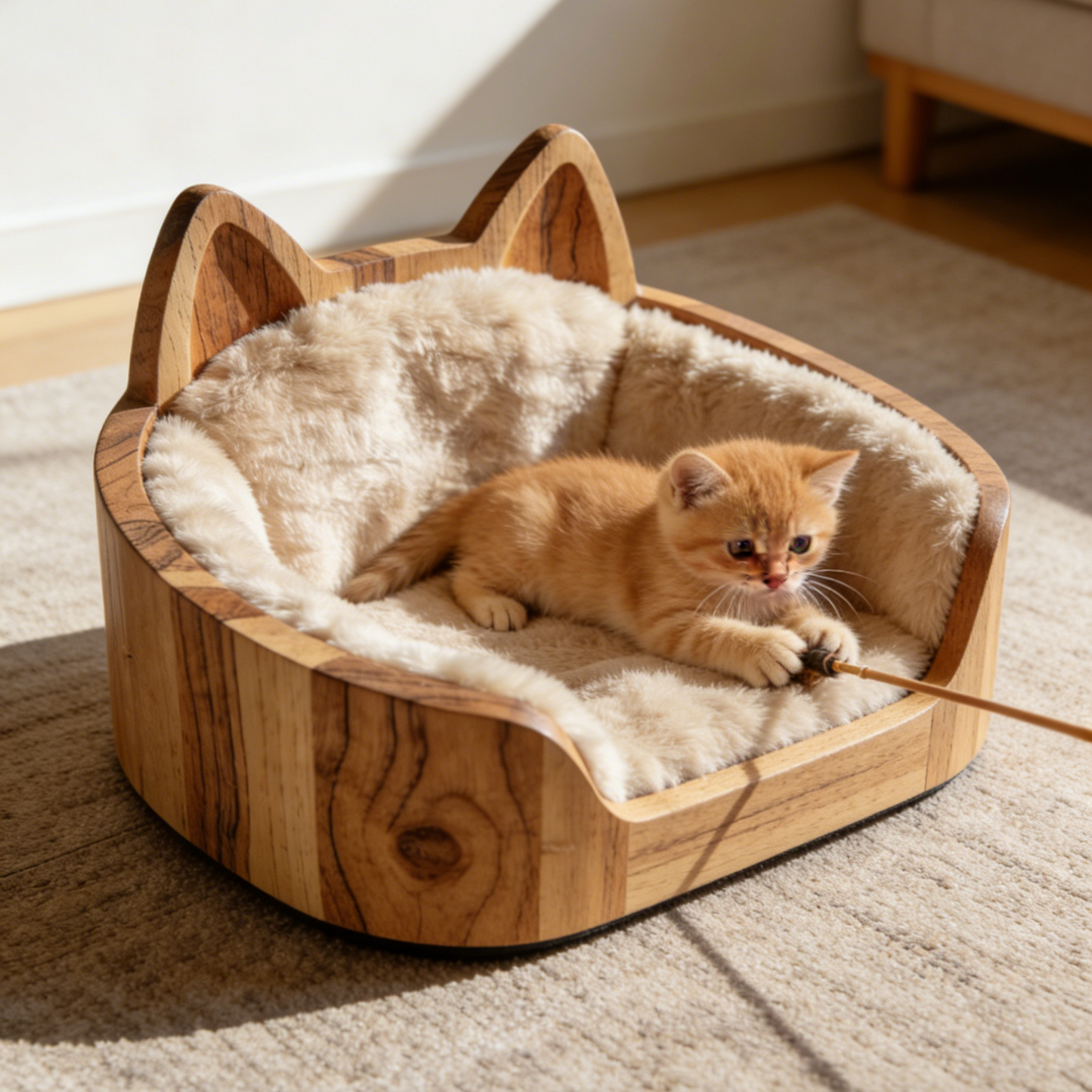 Haustierbett mit Katzenohren-Holzrahmen – Naturholz-Katzenbett mit Pelzbezug für Kätzchen und kleine Katzen
