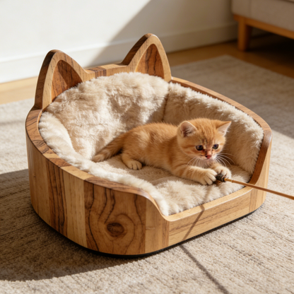 Haustierbett mit Katzenohren-Holzrahmen – Naturholz-Katzenbett mit Pelzbezug für Kätzchen und kleine Katzen