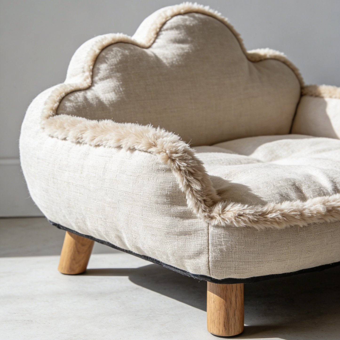 Plüsch-Haustierbett mit Wolkenlehne – Beiges Leinen-Katzensofa mit Holzbeinen für kleine Katzen und Hunde