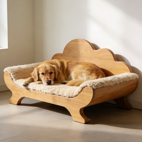 Großes Haustiersofa mit Wolkenlehne – Massivholz-Hundebett mit flauschigem Pelzkissen für mittelgroße und große Hunde