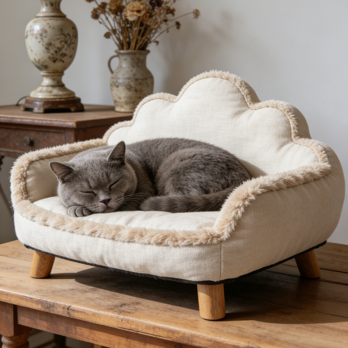 Plüsch-Haustierbett mit Wolkenlehne – Beiges Leinen-Katzensofa mit Holzbeinen für kleine Katzen und Hunde