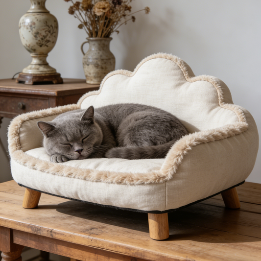 Plüsch-Haustierbett mit Wolkenlehne – Beiges Leinen-Katzensofa mit Holzbeinen für kleine Katzen und Hunde