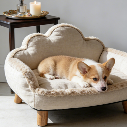 Plüsch-Haustierbett mit Wolkenlehne – Beiges Leinen-Katzensofa mit Holzbeinen für kleine Katzen und Hunde