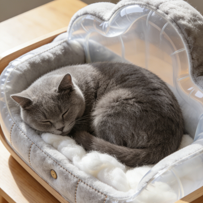 Transparentes Wolken-Haustierbett – Graues Plüsch-Katzenbett mit durchsichtiger Schale und Holzuntergestell für moderne Wohnräume
