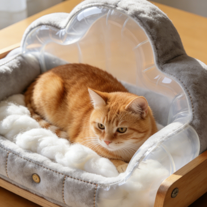 Transparentes Wolken-Haustierbett – Graues Plüsch-Katzenbett mit durchsichtiger Schale und Holzuntergestell für moderne Wohnräume